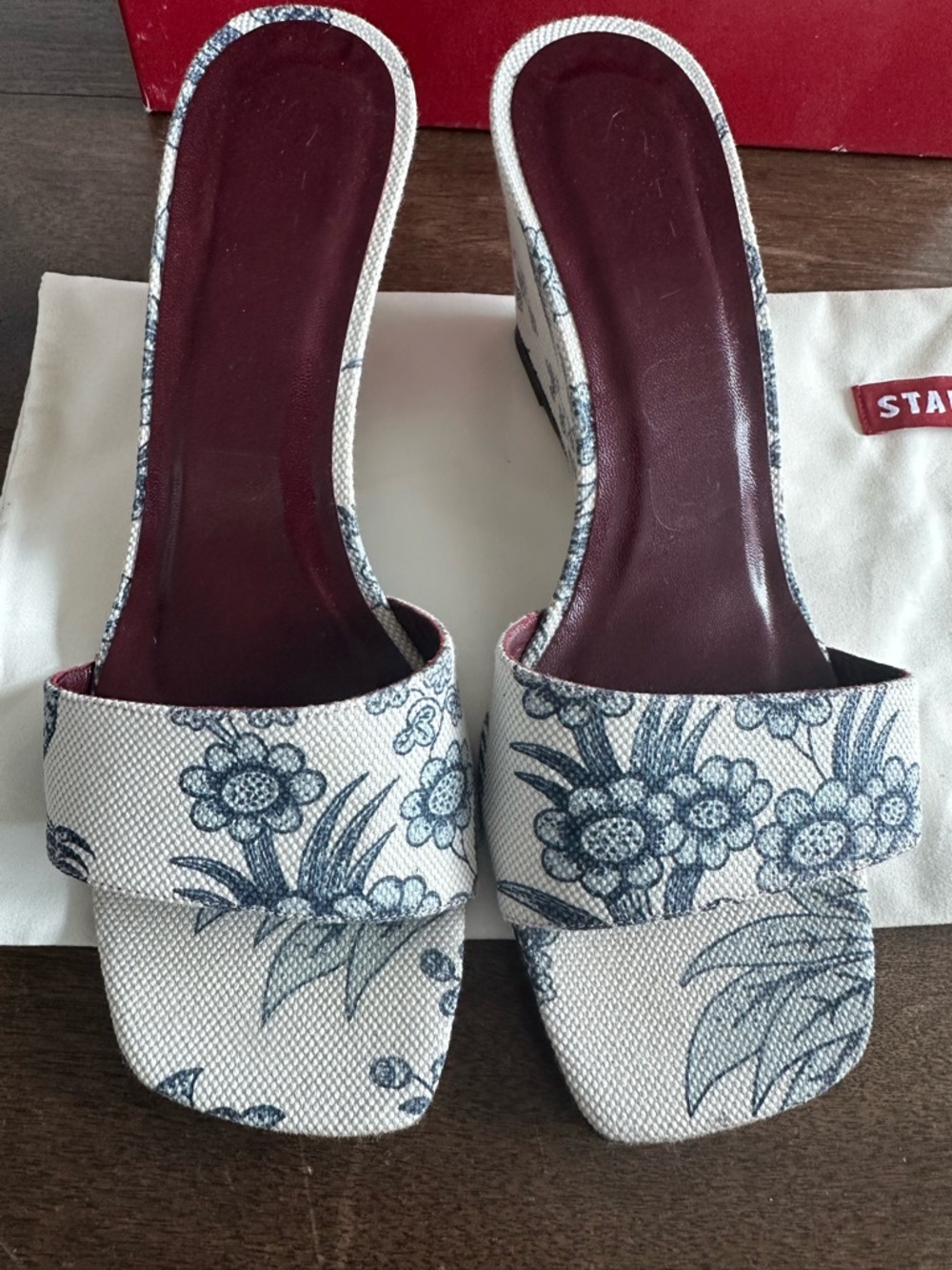 STAUD Cream and Blue Floral Canvas Wedge Sandals - Picture 4 of 10